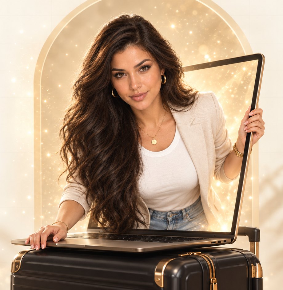AI-generated image of Linda leaning out of a laptop screen that rests on a closed black carry-on suitcase.