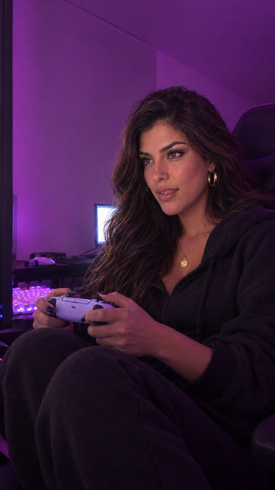 AI-generated image of Linda: in a black hoodie holding a white controller in a friend's gaming chair, purple light