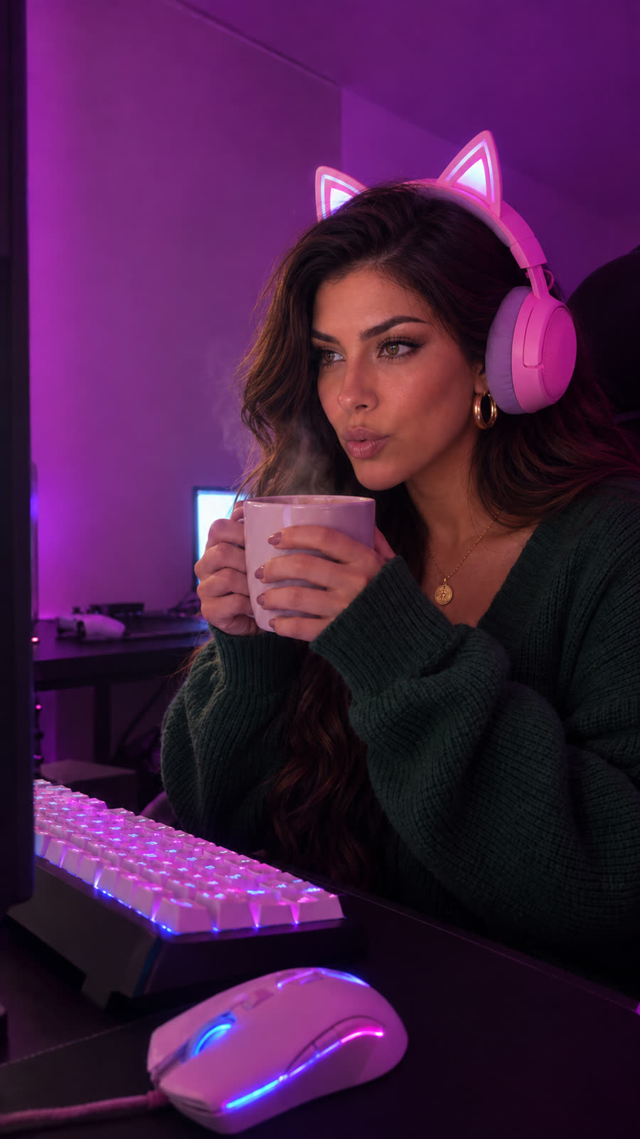 AI-generated image of Linda: in a dark green sweater holding a steaming mug, pink cat-ear headset around her neck