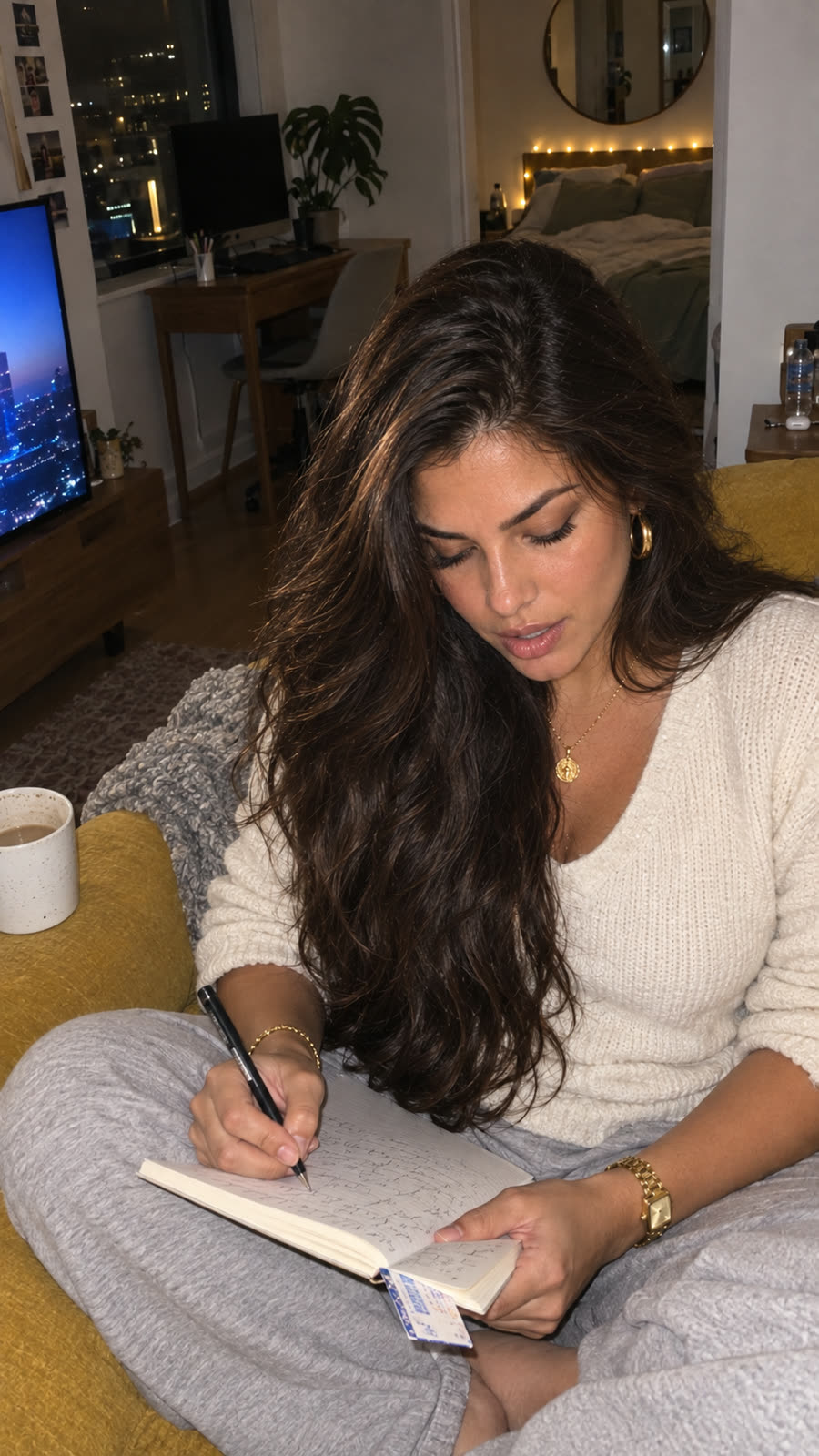AI-generated image of Linda: on the mustard sofa in a cream knit sweater and gray sweatpants, writing in a notebook, coffee beside her