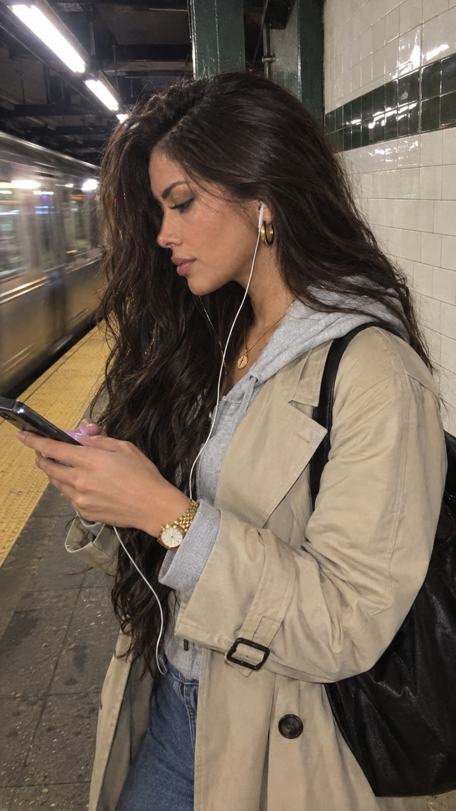 AI-generated image of Linda: on a New York subway platform in a beige trench over a gray hoodie, wired earphones in, reading her phone as a train passes